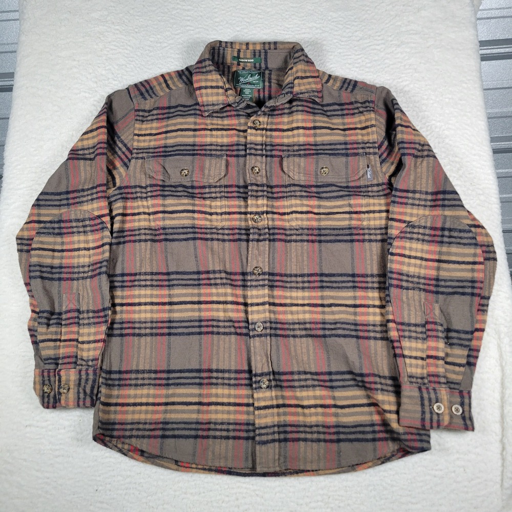 Woolrich Oxbow Bend Flannel Shirt Mens Medium Brown Plaid Elbow Patch 6111